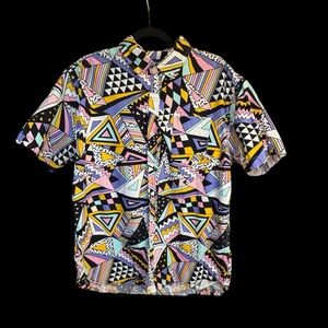 Massive Brand Sz L Shirt Button Down Short Sleeve 80s 90s Vibe Geometric Neon